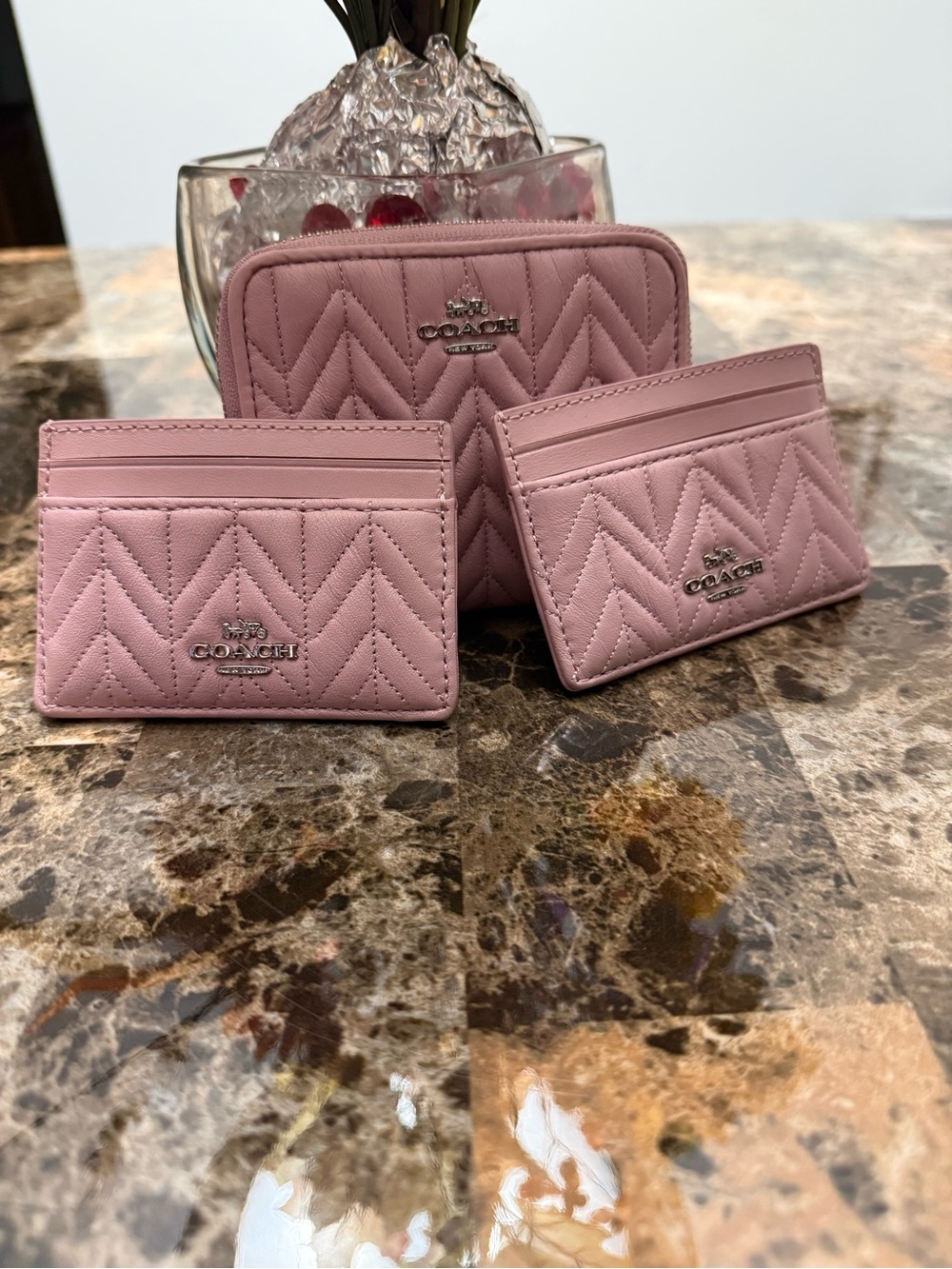 Coach Quilted Chevron Zip Wallet and Card Case - Light Pink